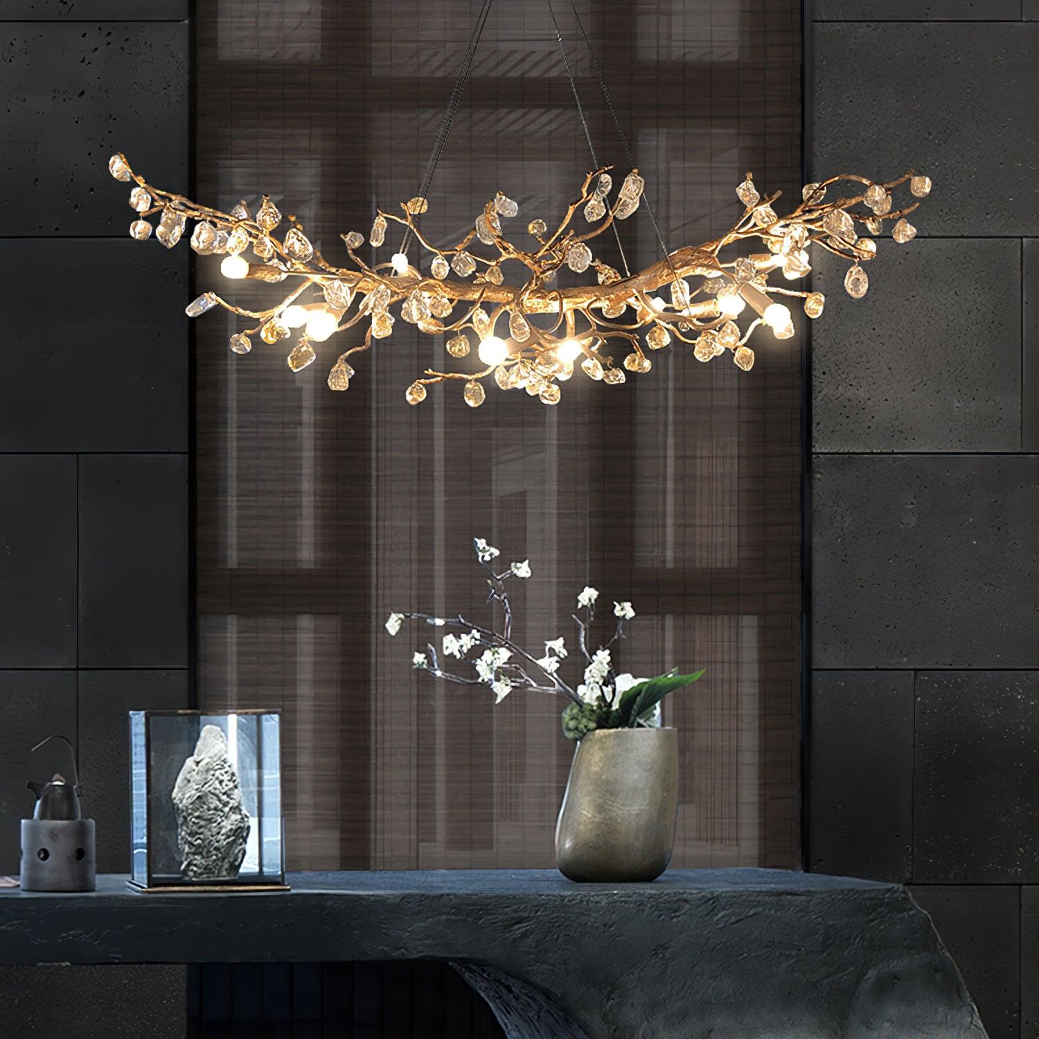 Designer Stone Crystal Brass Chandelier - CasaraHouse