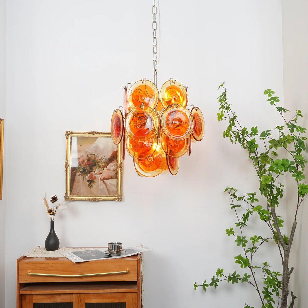 Vintage Murano Orange Transparent Disc Chandelier