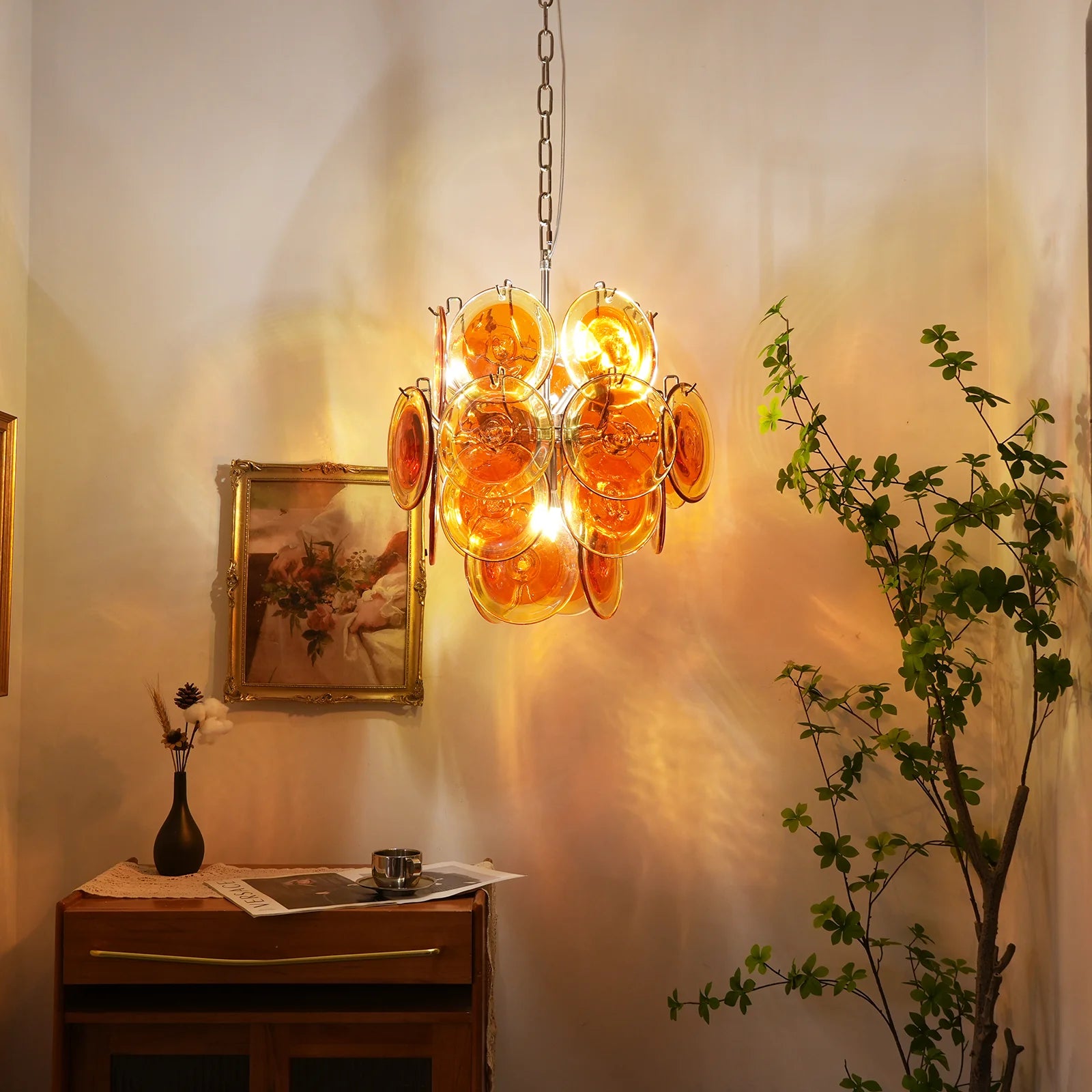 Vintage Murano Orange Transparent Disc Chandelier
