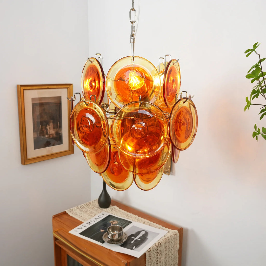 Vintage Murano Orange Transparent Disc Chandelier
