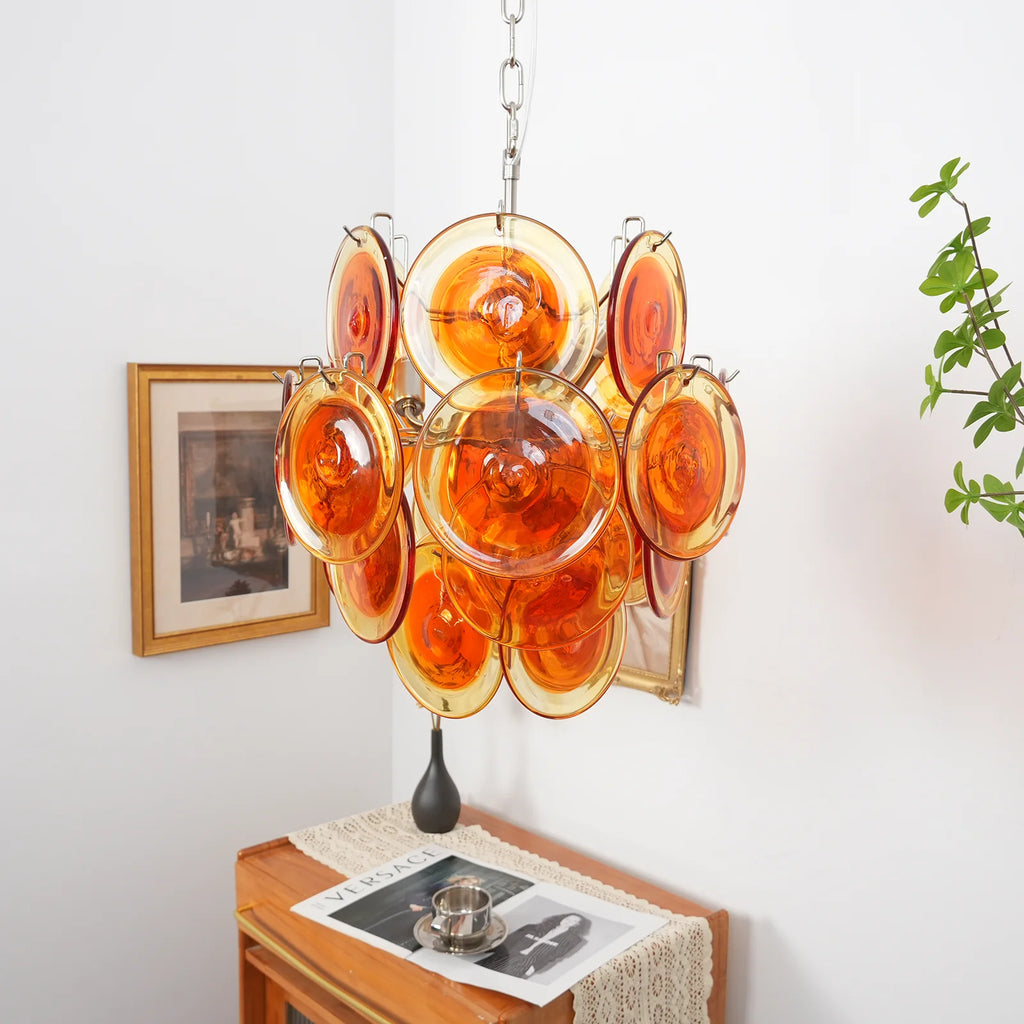 Vintage Murano Orange Transparent Disc Chandelier