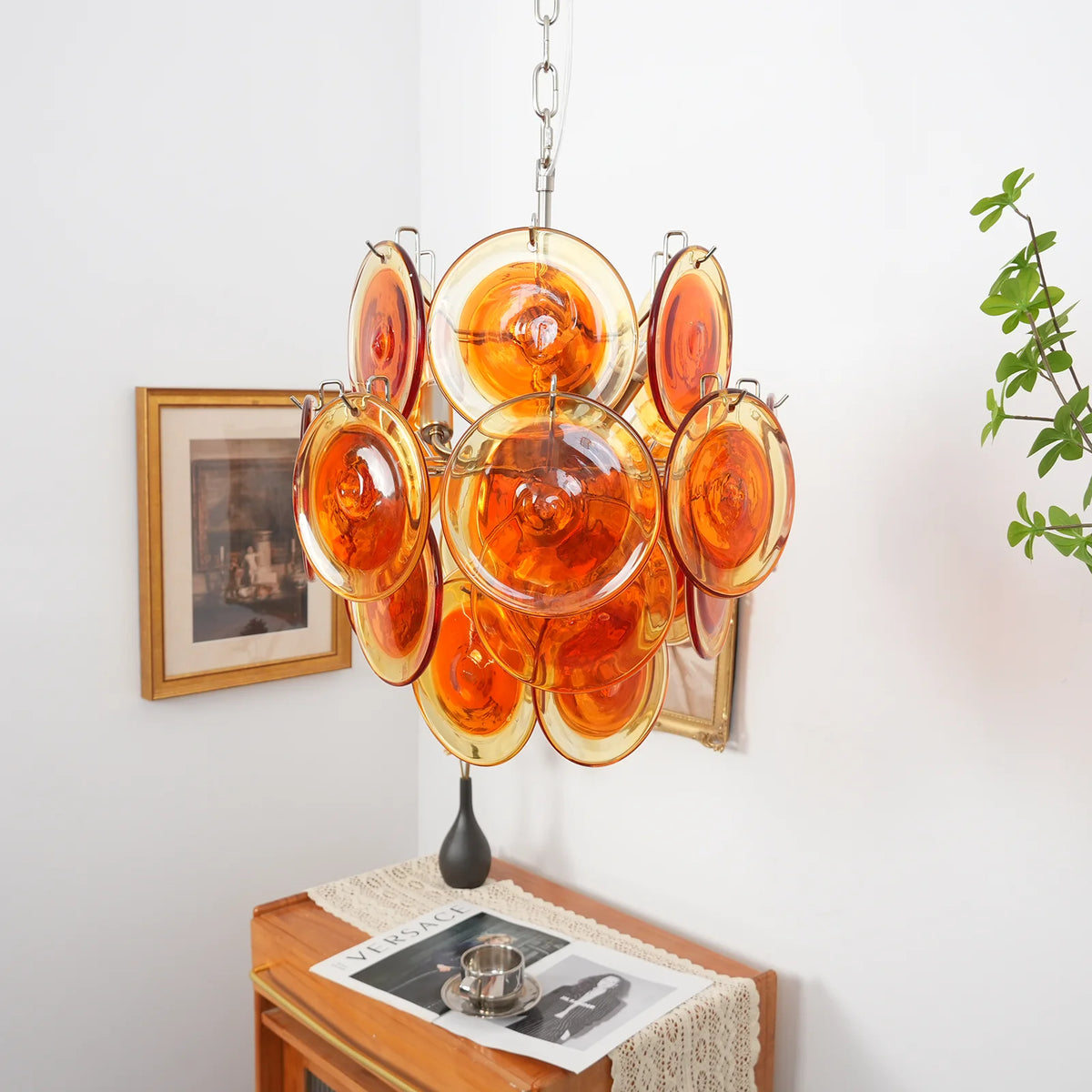 Vintage Murano Orange Transparent Disc Chandelier