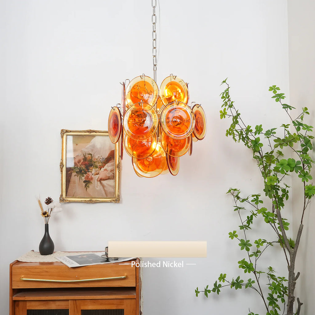 Vintage Murano Orange Transparent Disc Chandelier