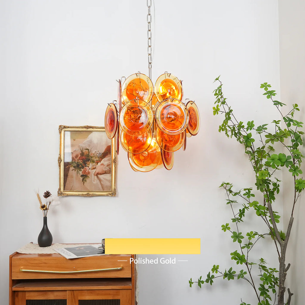 Vintage Murano Orange Transparent Disc Chandelier