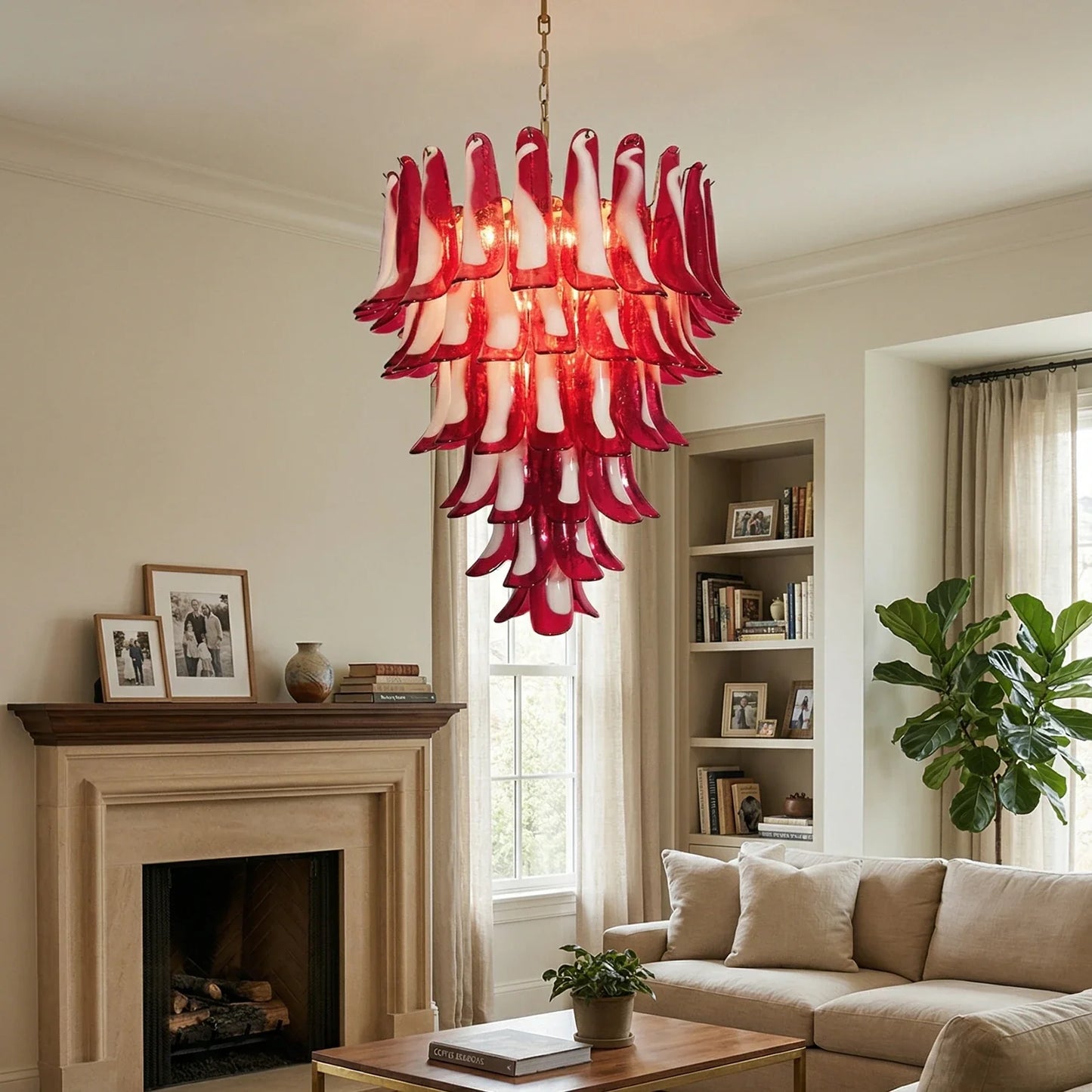 Vintage Murano Red Glass Petals Chandelier