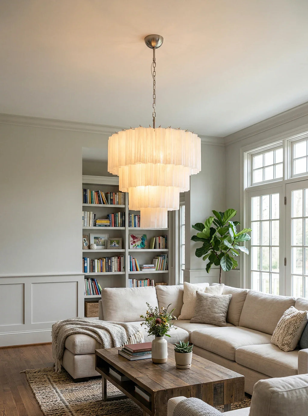 Murano White Glass Tubes Chandelier