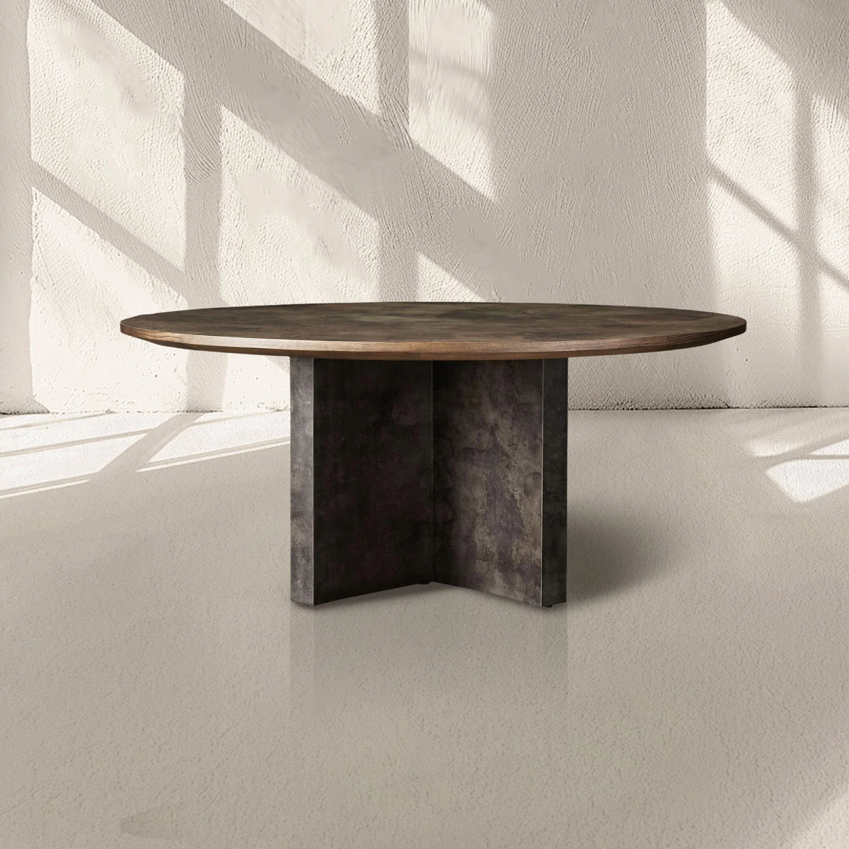 Loranco Wood Round Dining Table With Oxidized Steel Base Main image