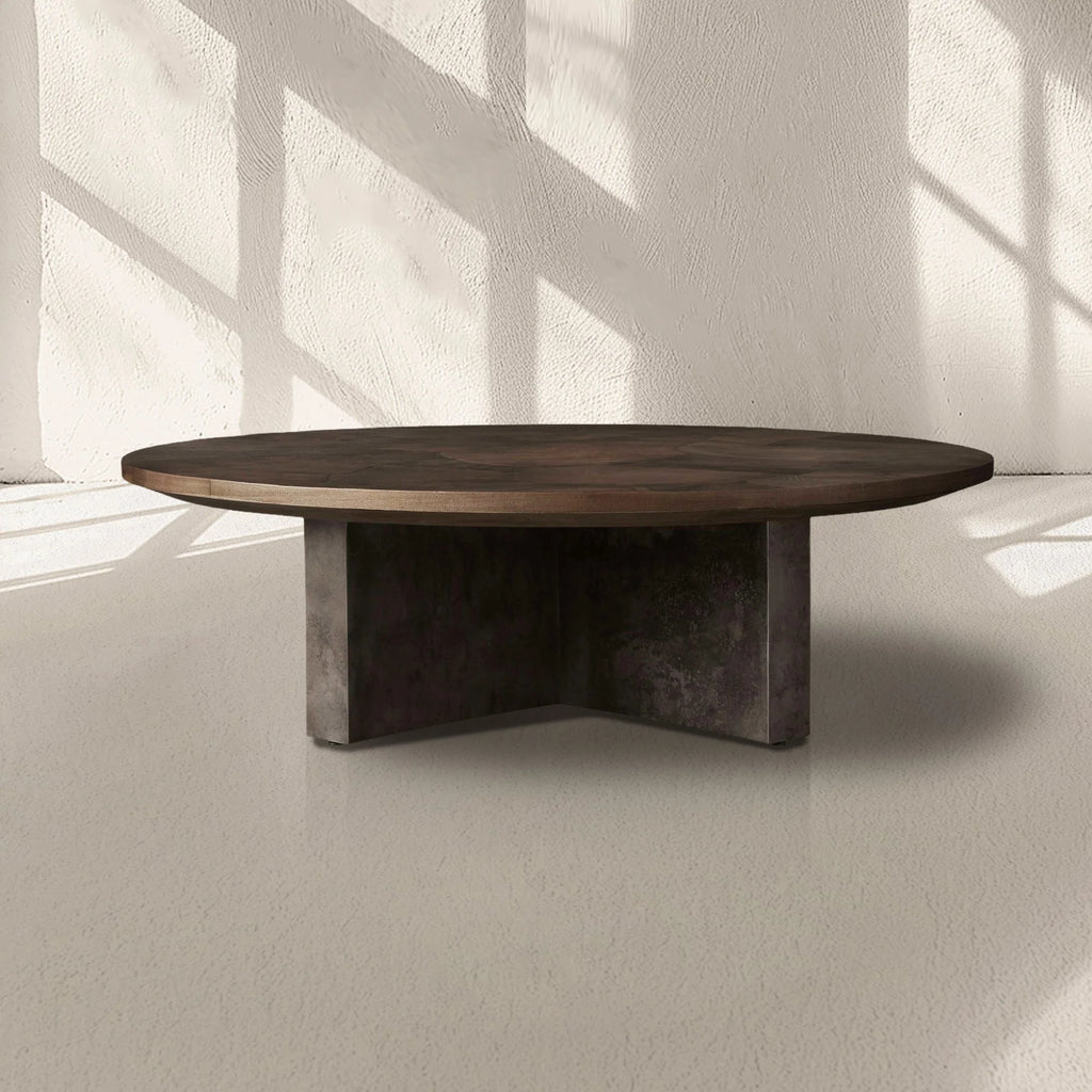 Loranco Wood Round Coffee Table Wabi-Sabi Living Room Center Tea Table