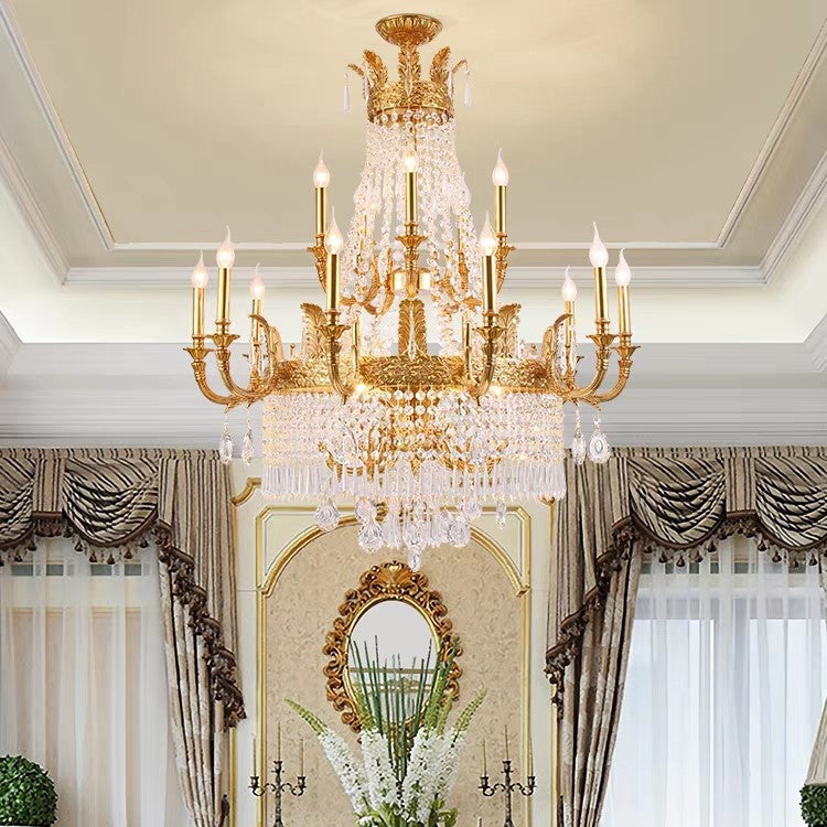 Stunning Oversized Luxury Golden Metal Candle Crystal Tassel Chandelier  For High-ceiling Staircase/Entryway/Living/Meeting Room