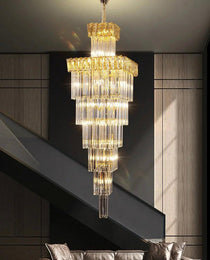 Decorative Large Vertical Crystal Staircase Chandelier Foyer Ceiling Light Fixture Lamp In Gray/ Amber Brim
