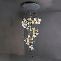 Ceramic Flower Chandelier in Artistic Brass Branch Design